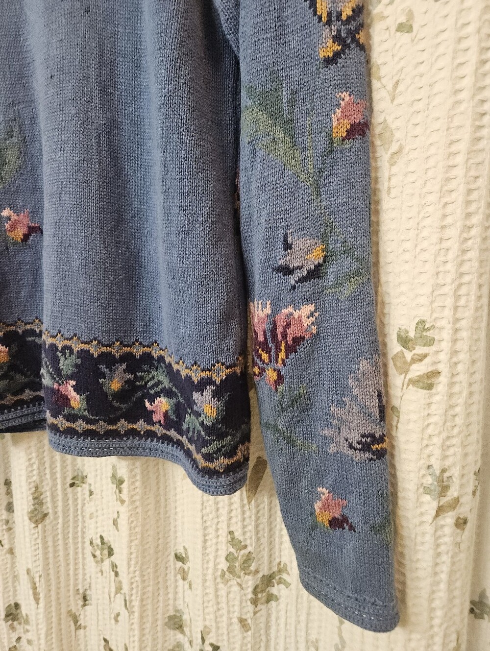 Coldwater Creek Vintage Blue Floral Knit Cardigan Sweater Medium Cottagecore - Picture 10 of 16